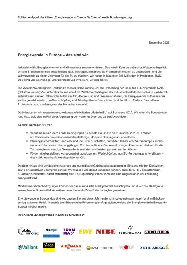 Deutsches Fachdokument zur europäischen Energiewende mit Text und Logos führender Energieunternehmen aus der Gebäudetechnik am unteren Rand.