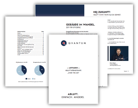 Drei überlappende Broschürenseiten mit Diagrammen, Fachtexten und Qvantum-Logo auf Deutsch, Fokus auf Gebäudetechnik und Energieeffizienz.