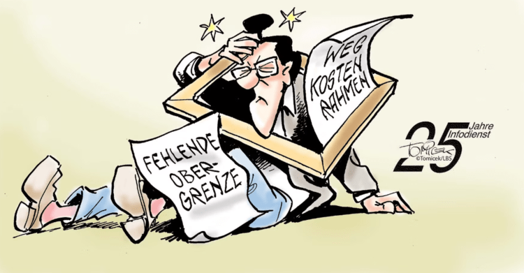 Ein Mann wird von einem zerbrochenen Bilderrahmen mit der Aufschrift "WEG KOSTEN RAHMEN" und Papieren "FEHLENDE OBERGRENZE" getroffen.