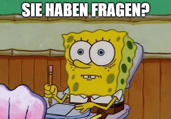 Comicfigur SpongeBob hält Bleistift und Notizblock, darüber steht "SIE HABEN FRAGEN?" - Symbolbild für Kontakt- oder Supportanfrage auf haustec.de.