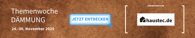 Banner zur Themenwoche DÄMMUNG vom 24.-30. Nov 2025 auf haustec.de, inklusive Logo und Button "JETZT ENTDECKEN" für Fachkräfte der Gebäudetechnik.