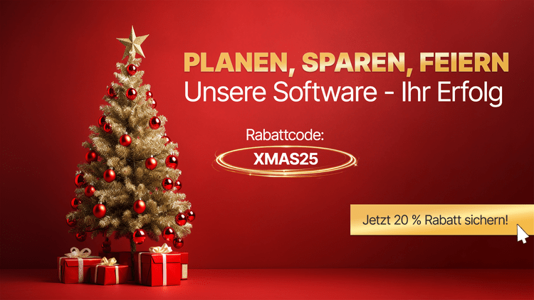 Goldener Tannenbaum mit roten Kugeln vor rotem Hintergrund, daneben Hinweis auf Rabattcode XMAS25 und Button "Jetzt 20 % Rabatt sichern" für Gebäudetechnik-Fachportal.