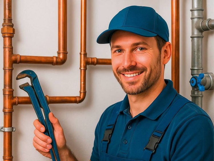 Fachhandwerker in blauer Arbeitskleidung mit Rohrzange prüft Kupferrohrinstallation, typischer Einsatz im SHK-Bereich der Gebäudetechnik.
