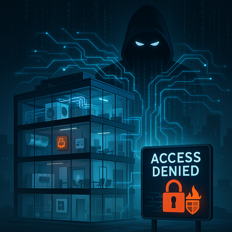 Symbolisches Bild: Ein digitaler Schutzmechanismus blockiert den Zugriff auf Gebäudedaten, dargestellt durch Schloss-Symbole und "Access Denied"-Hinweise.