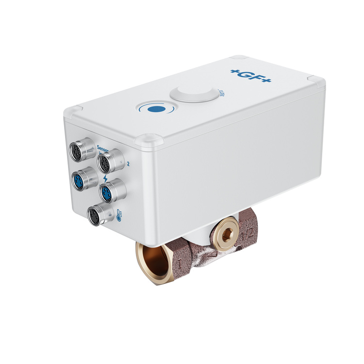 Weißer Industriesensor mit vier Anschlussports, montiert auf einem Metallventil zur Überwachung und Steuerung technischer Anlagen in der Gebäudetechnik.