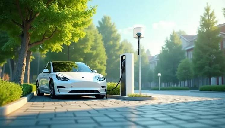 Weißes Elektrofahrzeug lädt an öffentlicher Ladesäule in grüner Wohngegend - Praxisbeispiel für Ladeinfrastruktur in der modernen Gebäudetechnik.