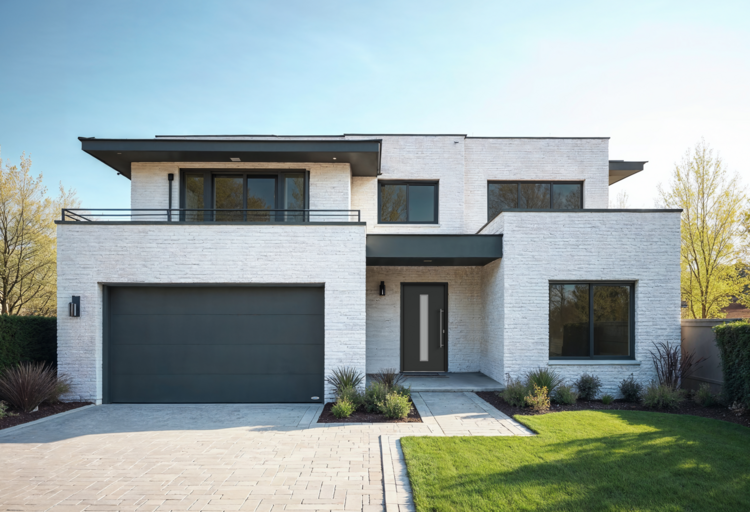 Modernes Zweifamilienhaus mit weißer Klinkerfassade, energieeffizienten Fenstern und dunklem Garagentor als Beispiel innovativer Gebäudetechnik.