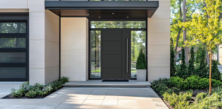 Moderne Hauseingangslösung mit großer schwarzer Tür, Natursteinfassade und barrierefrei gestalteter Zuwegung für energieeffiziente Gebäude.