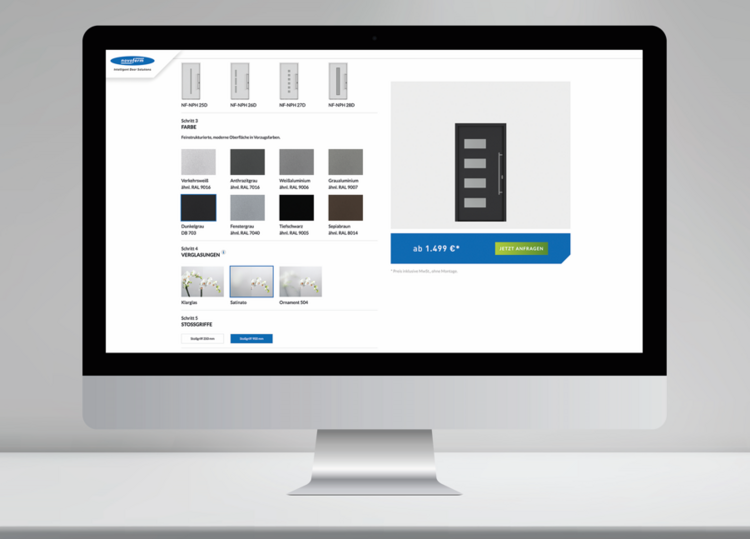 Monitor zeigt eine webbasierte Benutzeroberfläche zur Auswahl innovativer Türen, relevant für TGA-Planung und Gebäudetechniklösungen.