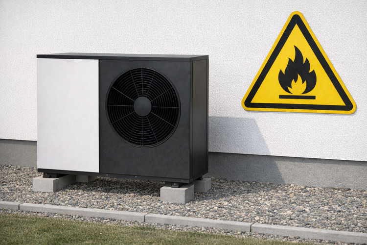 Wärmepumpen-Außengerät auf Kiesfläche an Hauswand, nahe einer Kennzeichnung für Brandgefahr, typische Installation im Gebäudetechnikbereich.
