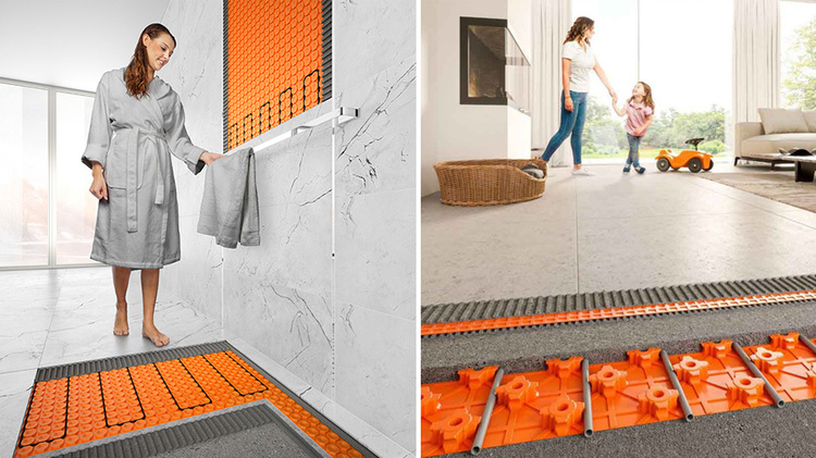 Links: Nutzerin betritt Bad mit elektrischer Fußbodenheizung. Rechts: Mutter und Kind genießen Komfort von Flächenheizung im Wohnraum.