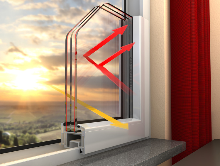 Schaubild eines dreifach verglasten Fensters mit Pfeilen zur Darstellung von Sonnenlichtdurchgang und -reflexion, Fokus auf Energieeffizienz.