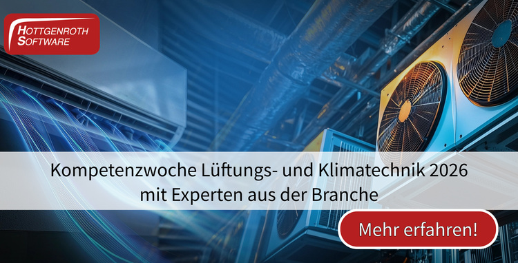 Moderne Industrie-Klimageräte mit Werbetext zur HVAC-Fachmesse 2026, veranstaltet von Hottgenroth Software, für TGA-Entscheider und Fachbetriebe.