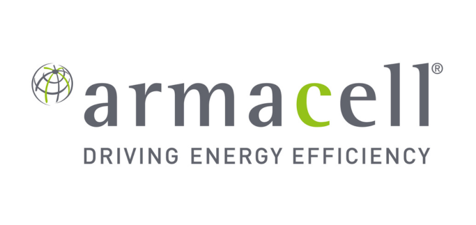 Armacell Logo mit grünem Akzent am Buchstaben "c" und dem Claim "Driving Energy Efficiency" - Hersteller technischer Dämmstoffe für Gebäudetechnik.