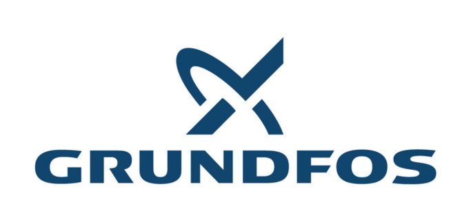 Grundfos Logo: Blaues abstraktes Symbol über dem Schriftzug "GRUNDFOS" in blauen Großbuchstaben, Hersteller von Pumpen für Gebäudetechnik und Industrie.