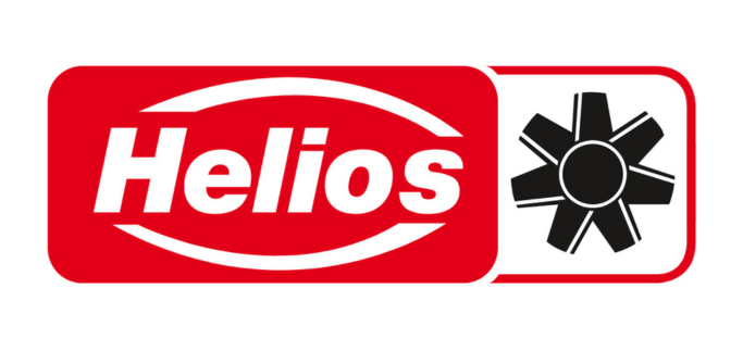 Helios Logo in Rot und Weiß mit markantem Schriftzug und rechtsseitigem schwarzem Sonnensymbol, bekannt aus der Lüftungs- und Klimatechnikbranche.