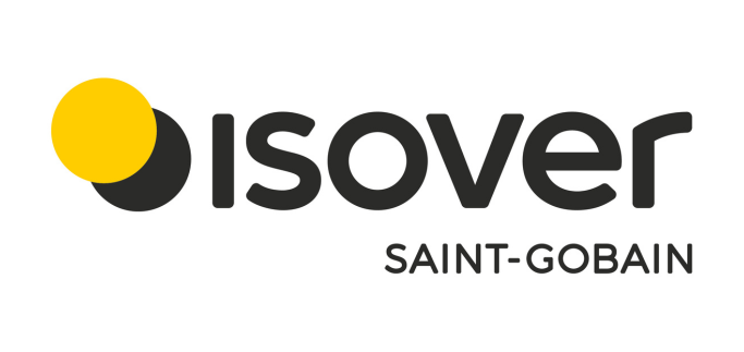 Isover Saint-Gobain Logo: Gelber Kreis über schwarzem "i", markante schwarze Schrift. Hersteller von Dämmstoffen für energieeffiziente Gebäudetechnik.