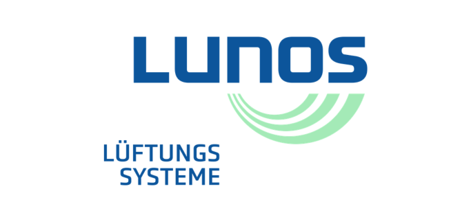 LUNOS-Logo mit grün geschwungenen Linien und Schriftzug "Lüftungs Systeme" auf weißem Hintergrund - Anbieter von Lüftungslösungen für Gebäudetechnik.