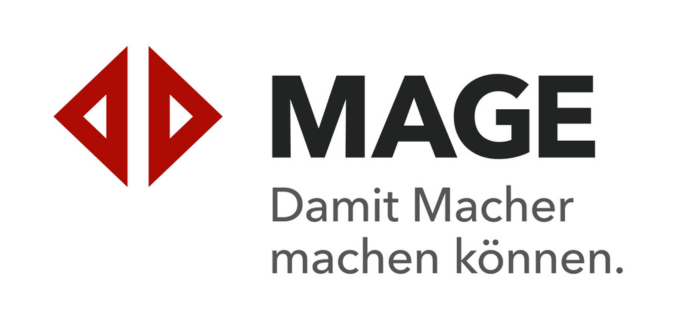 Rotes, geometrisches Logo links neben "MAGE" und Slogan "Damit Macher machen können" auf weißem Hintergrund, passend für Gebäudetechnik-Fachportal.