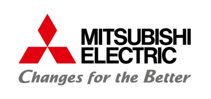 Mitsubishi Electric Logo mit rotem Emblem und Slogan "Changes for the Better" - Hersteller für Klima-, Heiz- und Gebäudetechniklösungen.