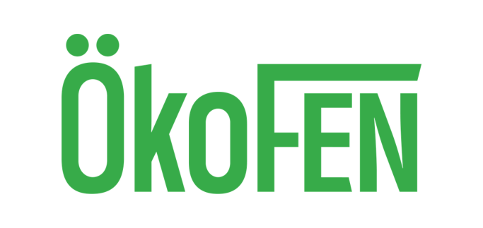 Grünes ÖkoFEN-Logo mit markanten Großbuchstaben und Querstrich über "E" und "N"; Hersteller für Pelletheizungen in der Gebäudetechnikbranche.