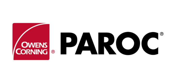 Logo von Owens Corning PAROC: rotes Quadrat mit weißem Schriftzug, daneben "PAROC" in schwarzer Schrift auf weißem Hintergrund. Gebäudetechnikbranche.