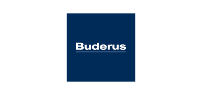Buderus Firmenlogo in weiß mit Unterstreichung auf dunkelblauem Hintergrund, Hersteller für Heiztechnik und Energiesysteme in der Gebäudetechnikbranche.