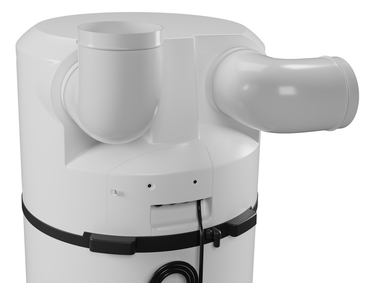 Detailansicht eines weißen, zylindrischen Lüftungsgeräts mit angeschlossenen Luftkanälen und herabhängendem Anschlusskabel für den Einsatz in Gebäudetechnik.