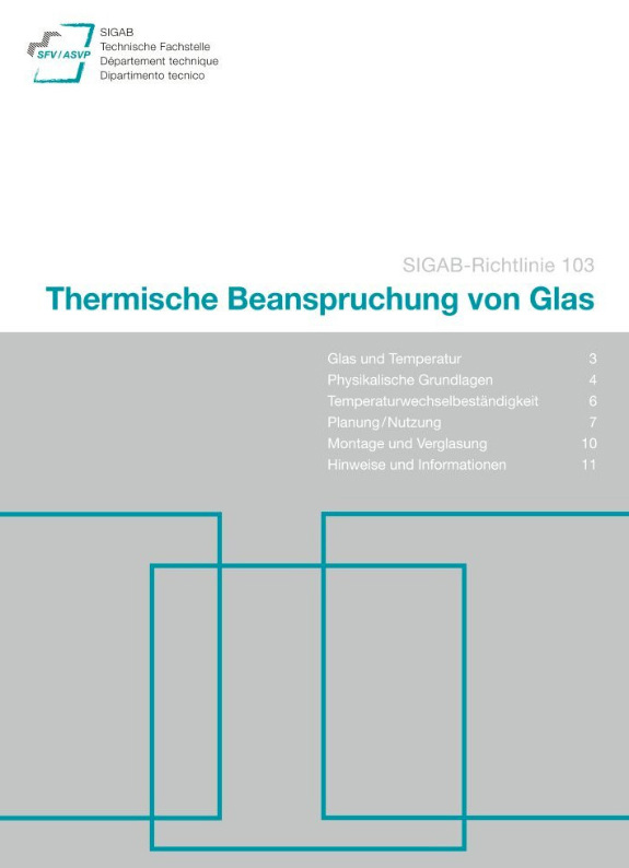 Deckblatt eines deutschen Fachdokuments zu thermischer Belastung von Glas mit Inhaltsverzeichnis auf grauem Hintergrund, relevant für Gebäudetechnik.