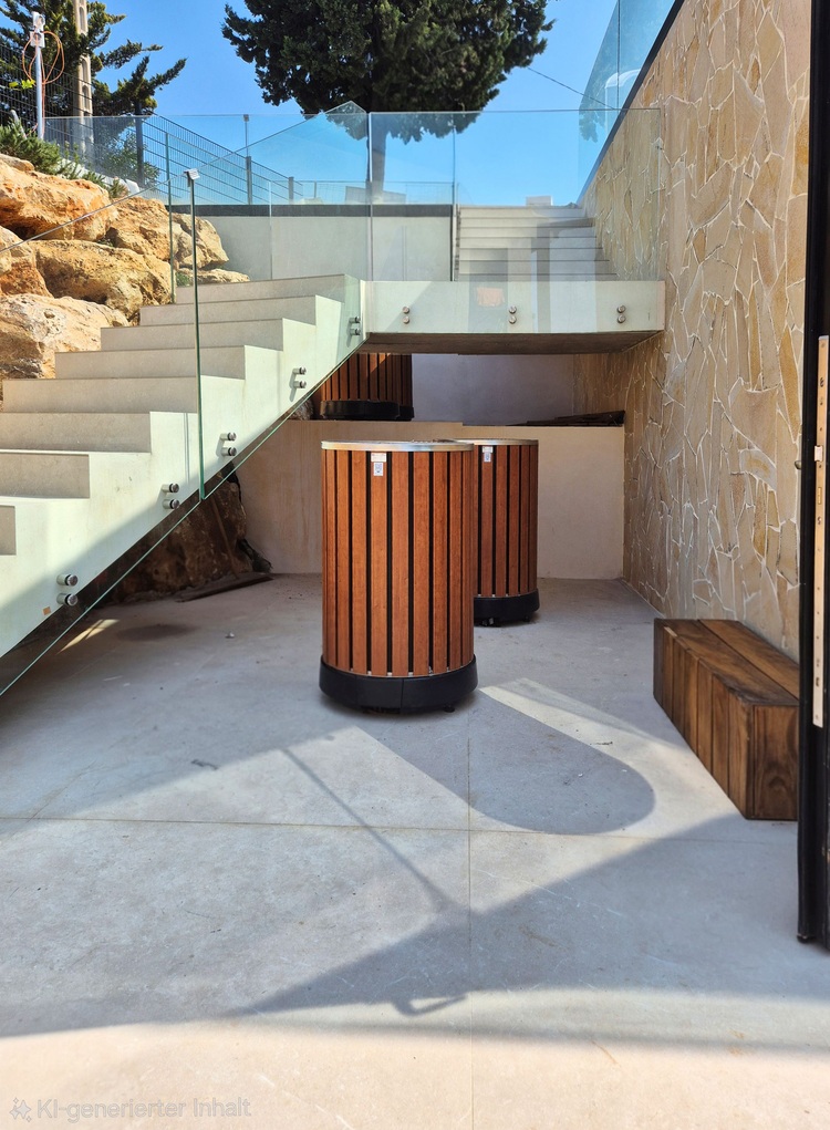 Barrierefreie Außentreppe mit Glasgeländer und Steinwänden, darunter zwei Sammelbehälter aus Holz - Beispiel für moderne Gebäudetechnik.