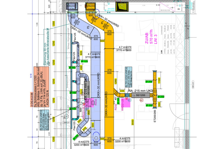 Detailreicher Gebäudegrundriss mit farblich hervorgehobener HLK-Kanalführung, Symbolen und Maßangaben zur Planung technischer Anlagen.