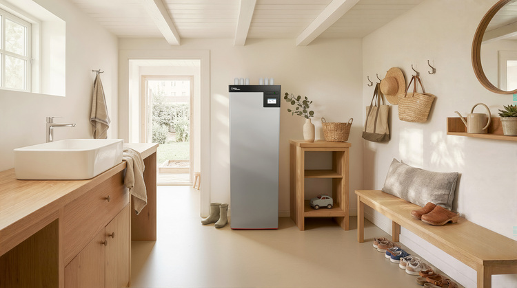 Heller Hauswirtschaftsraum mit Holzregalen, Spülbecken und energieeffizientem Edelstahlgerät, geeignet für moderne Gebäudetechniklösungen.