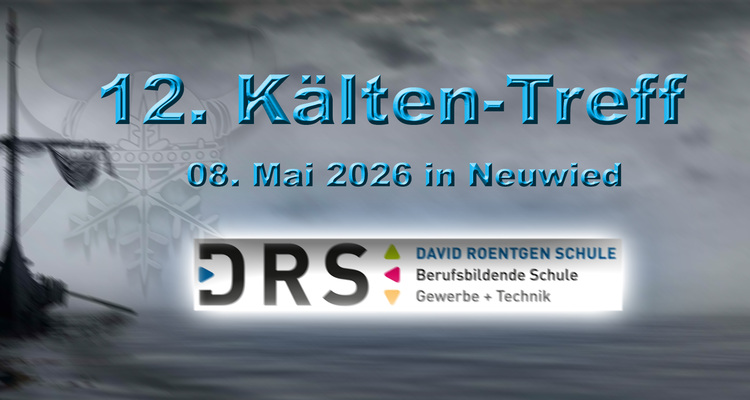 Banner zur Fachveranstaltung "12. Kälten-Treff 8. Mai 2026 in Neuwied" mit stilisiertem Wikingerschiff und DRS-Logo im Hintergrund.
