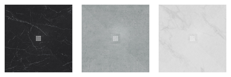 Drei bodengleiche, quadratische Duschwannen (schwarz marmoriert, grau strukturiert, weiß mit feiner Maserung), jeweils mit barrierefreiem Ablauf.