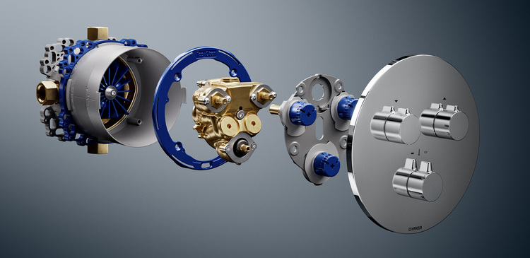 Explosionszeichnung eines modernen Duschventils mit metallischen und blauen Bauteilen, anschaulich zur Veranschaulichung sanitärtechnischer Komponenten.