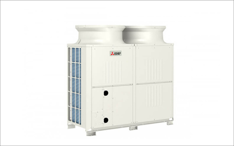 Mitsubishi VRF-Klimagerät für gewerbliche Gebäude, Ansicht des Außengeräts mit Luftauslässen, geeignet für energieeffiziente Gebäudetechnik.