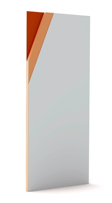 Rechteckiger Spiegel mit Holzrahmen und orangefarbener Diagonale, geeignet für den Einsatz in modernen Sanitär- oder Aufenthaltsbereichen.