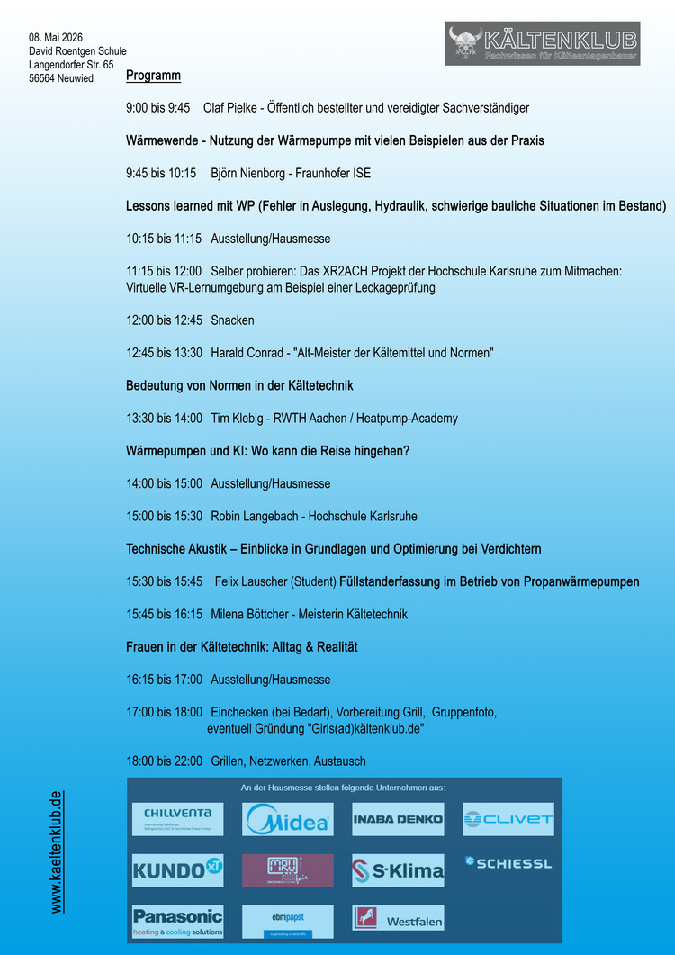 Programmübersicht mit Zeitplan, Referenten aus der Gebäudetechnikbranche und Logos führender Hersteller auf blauem Hintergrund.