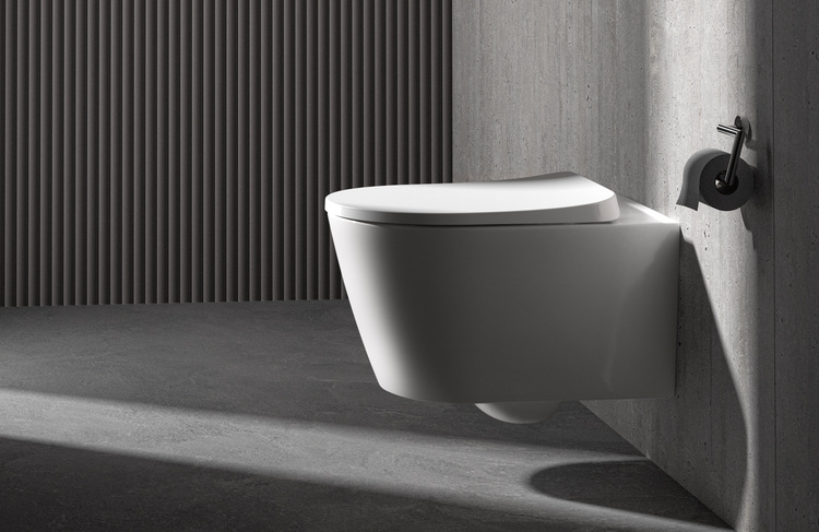 Wandhängendes WC in moderner Sanitärinstallation mit Halterung, Beispiel für platzsparende Gestaltung im Objektbau und energieeffiziente Gebäudetechnik.