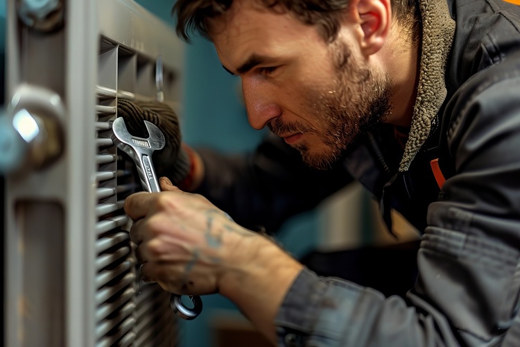SHK-Fachhandwerker justiert mit einem Schraubenschlüssel eine Metallarmatur; trägt Arbeitskleidung, konzentriert bei der Instandhaltung von Gebäudetechnik.