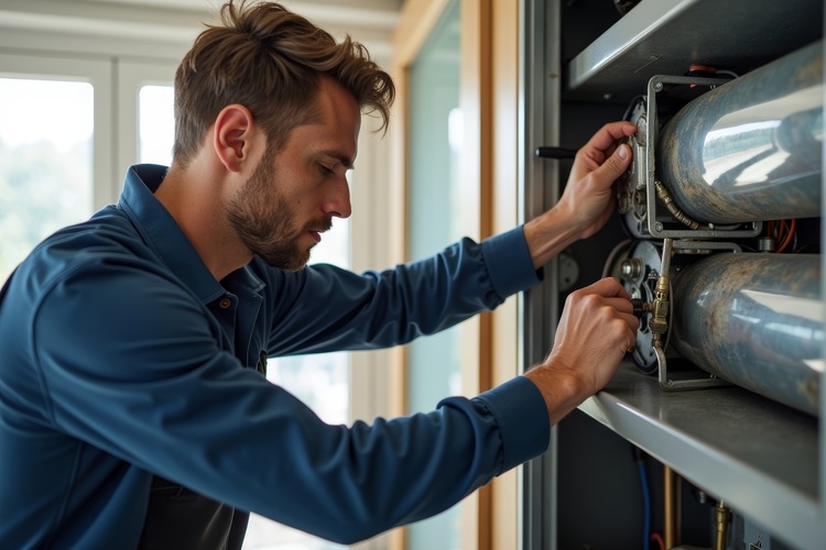 Fachkraft prüft Komponenten in einem Schaltschrank einer gebäudetechnischen Anlage, Fokus auf Wartung und Funktionalität im SHK-Bereich.