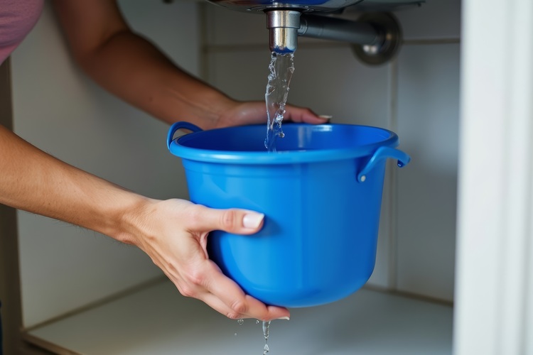 Fachkraft fängt unter einem Waschtisch-Wasserhahn Wasser in einem blauen Eimer auf, beispielhaft für Leckage- oder Installationsarbeiten im Sanitärbereich.