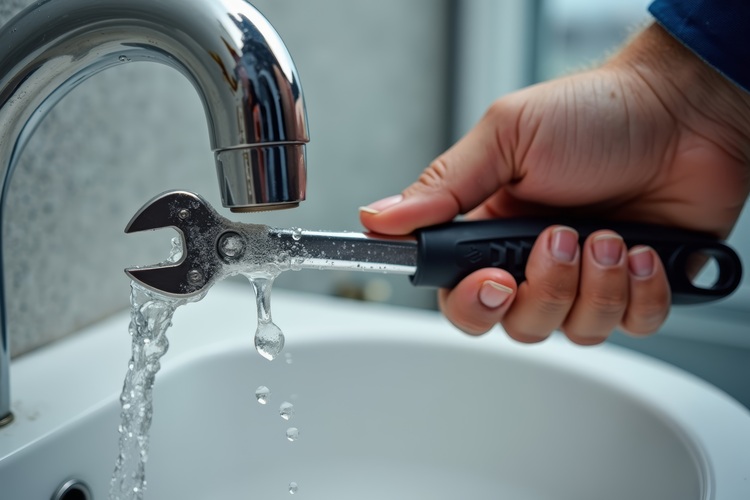 Fachhandwerker reguliert mit einem Schraubenschlüssel einen laufenden Wasserhahn über einen weißen Waschtisch - Armaturenwartung im Sanitärbereich.