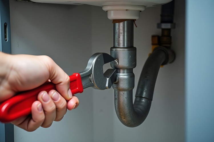 Fachhandwerker nutzt einen roten Rohrschlüssel zur Montage einer Metallleitung unter einem Waschtisch, Sanitärinstallation im Gebäudetechnik-Kontext.