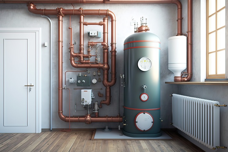 Moderner Heizungsraum mit energieeffizientem Warmwasserspeicher, Kupferrohr-Installation, Heizkörper und digitalem Regelungspanel am Fenster.