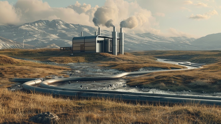 Industrieanlage mit Schornsteinen und Rohrleitungen in grüner Landschaft, im Hintergrund schneebedeckte Berge - Symbol für Gebäudetechnik und Energieeffizienz.