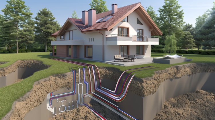 Schnittgrafik eines modernen Wohngebäudes mit sichtbaren Erdwärmesonden und Rohrleitungen für nachhaltige Geothermie-Heizungs- und Kühlsysteme.