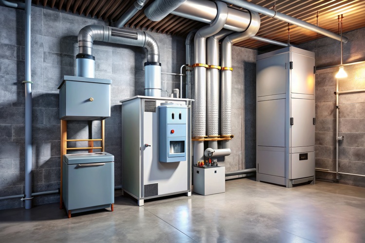 Moderner Heizraum mit energieeffizienter Heizungsanlage, Metallrohrleitungen und Lüftungskanälen vor Betonwand, geeignet für TGA im Neubau.