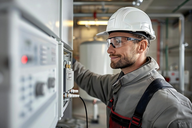 Fachingenieur mit Schutzhelm und Schutzbrille bedient ein modernes Gebäudeleitsystem in einer energieeffizienten TGA-Anlage.