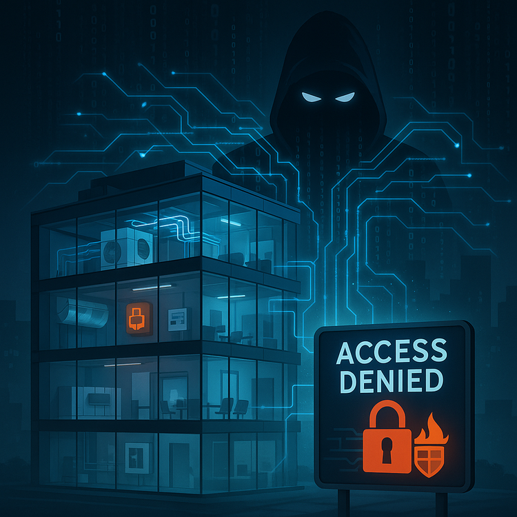 Symbolbild für IT-Sicherheitsrisiken in der Gebäudetechnik: Unbekannte Person hinter Gebäude, leuchtendes "Access Denied"-Schild, digitale Sicherheitsgrafiken.